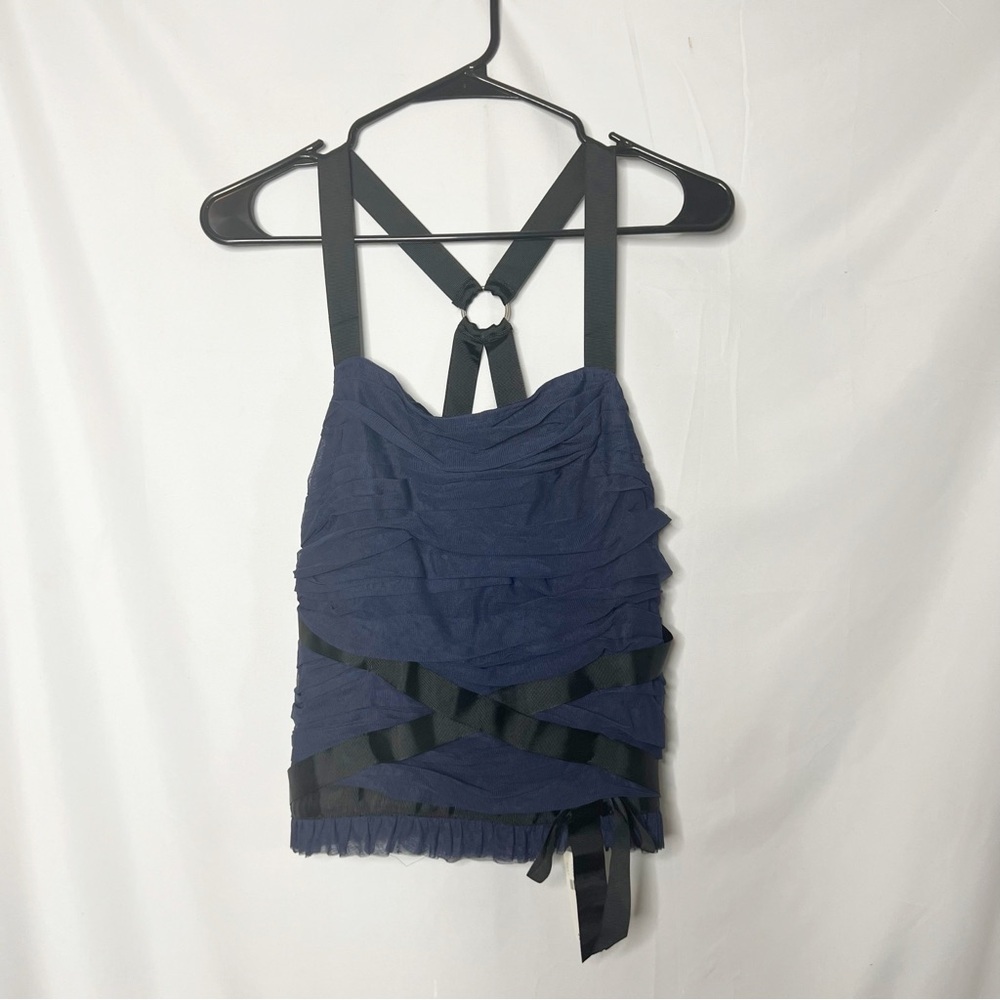 New with tags Anthropologie Navy and Black Ruched Ribbon Strap Sleeveless Top - Picture 3 of 6